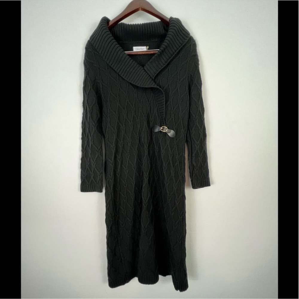 Calvin Klein Black Cable Knit Sweater Dress Size L Cowl Neck Long Sleeve Midi